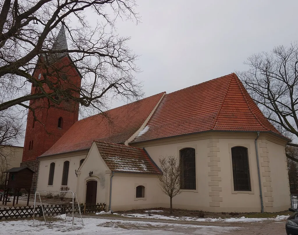 South-eastern view of church in Meyenburg municipality, Prignitz district, Brandenburg state, Germany