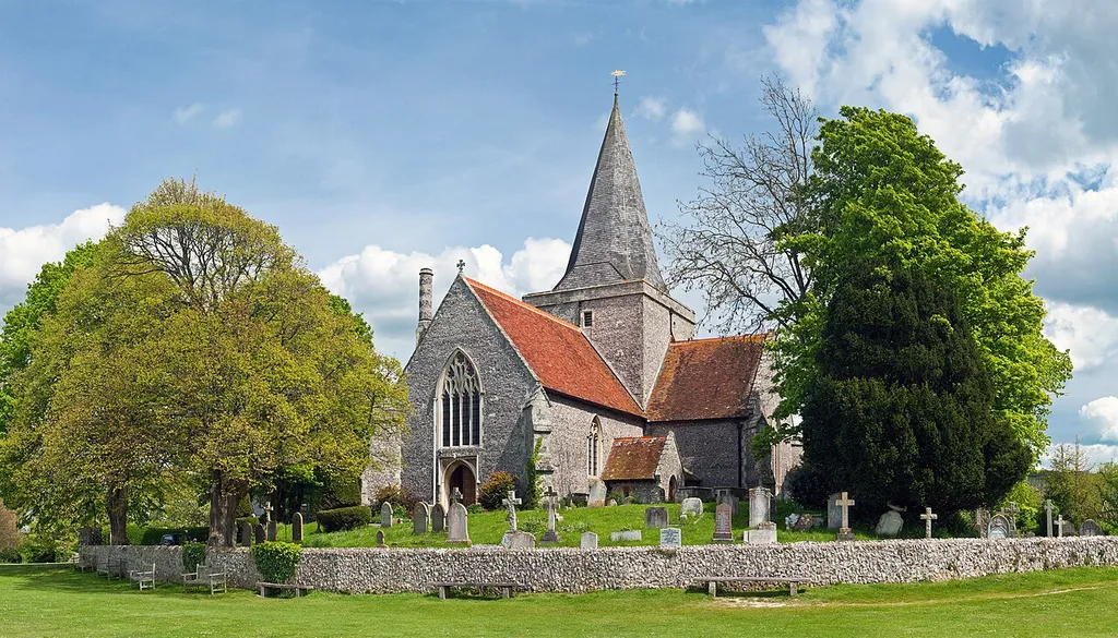 St Andrew's parish church, Alfriston, East Sussex, seen from the southwest. 3 by 5 segment stitched panoramic image taken by myself with a Canon 5D and 70-200mm f/2.8L lens at 70mm.