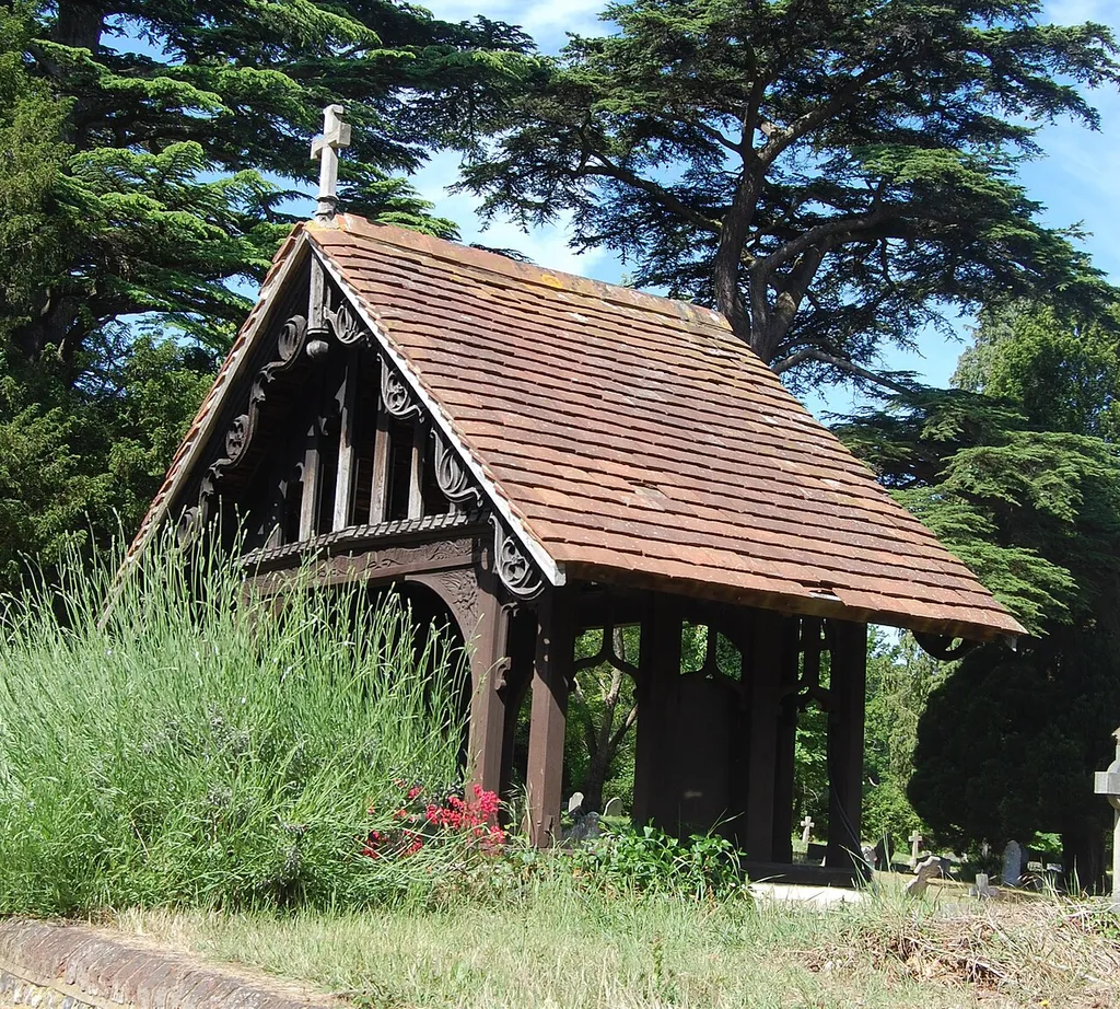 Grade II-listed lychgate at St Matthew's Church, Otterbourne Hill, Otterbourne, City of Winchester District, Hampshire, England.