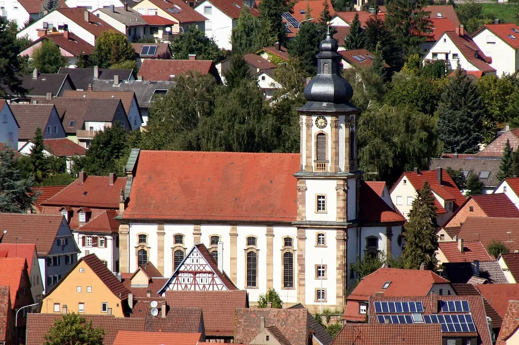The catholic church St Martinus in Erlenbach (Heilbronn district), photographed from the Schemelsberg hill in Weinsberg