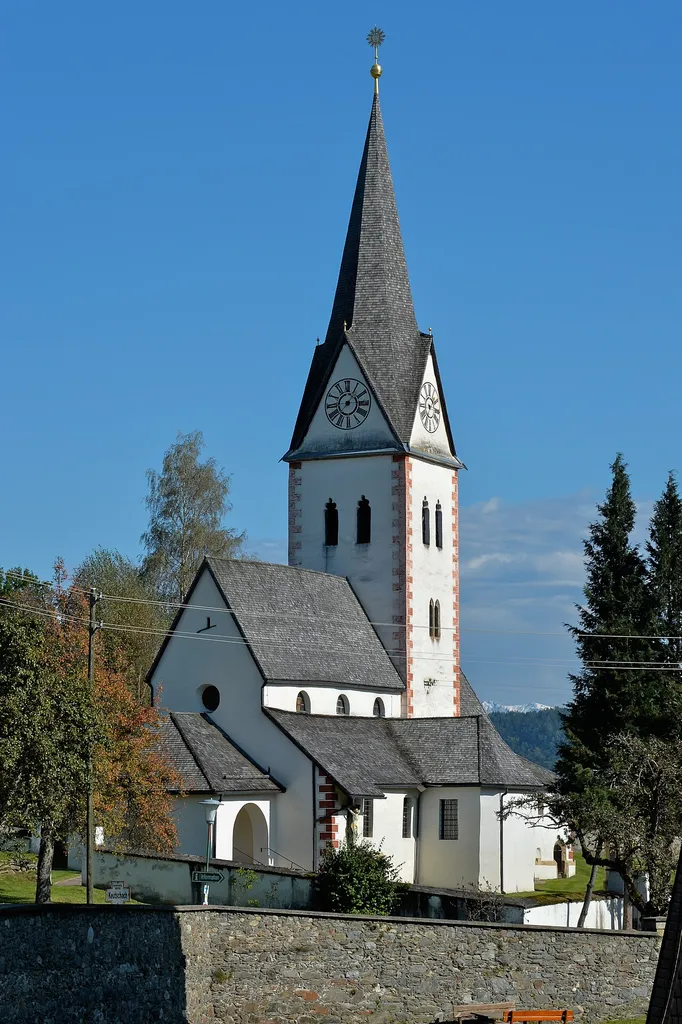 Western view of the parish church Saints George and Bartholomew, municipality Keutschach am See, district Klagenfurt Land, Carinthia, Austria, EU
