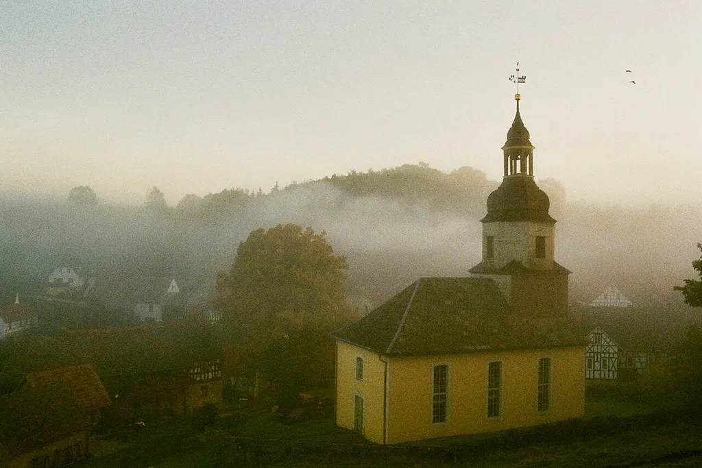 Hellborn mit Dorfkirche im Morgennebel, November 2012