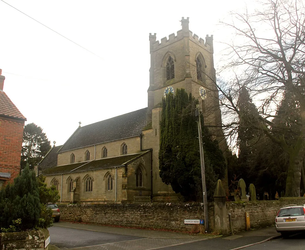 Church of St James, Boroughbridge, North Yorkshire, England. Designed by Mallinson &amp; Healey, consecrated in 1852. The church contains Romanesque carvings in the vestry wall, and stone carving by Robert Mawer throughout.