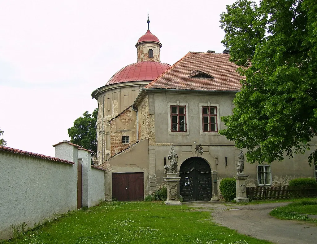 Rectory and St Anne church in Nové Dvory, Kutná Hora District, Czech Republic
