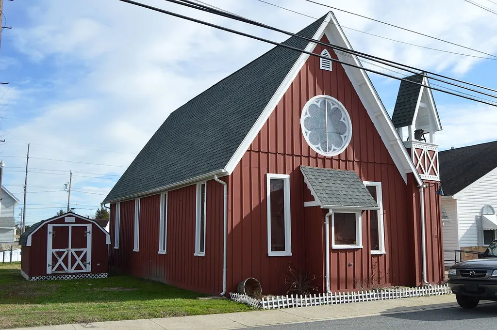 Front and northern side of the former St. Stephen's Episcopal Church, located at 110 Fleming Street in Harrington, Delaware, United States. Built in 1876, it is listed on the National Register of Historic Places.