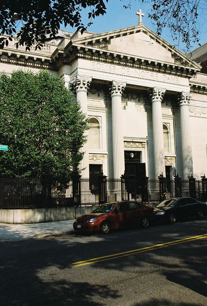The front façade of the Church of Notre Dame along 40 Morningside Drive in the Morningside Heights section of Manhattan, New York City.