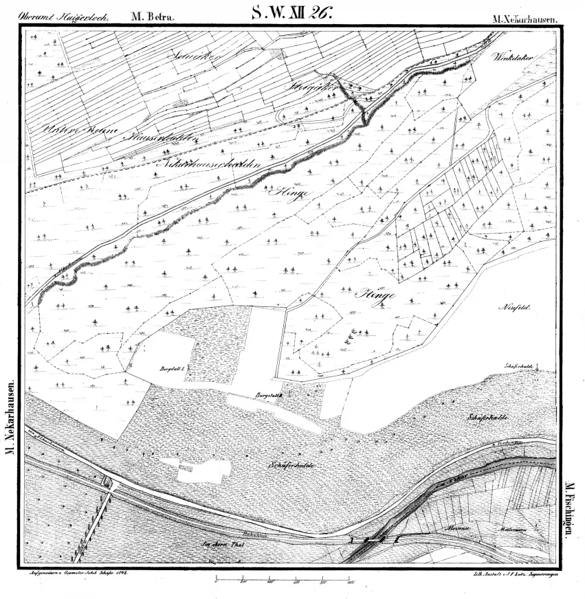 Old map (1842) from Neckarshausen,Baden-Württemberg, Germany