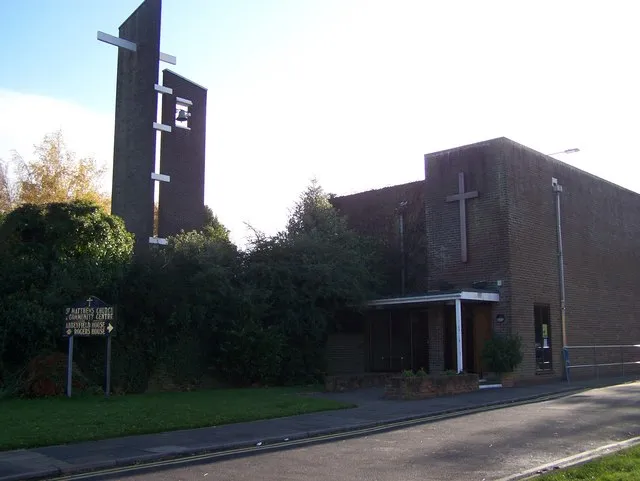 The Church and Community Centre of St Matthew, Wigmore On Drewery Drive. Abbeyfield House and Rogers House mentioned on sign, refer to residential homes for the Elderly on land at the back of the Church.