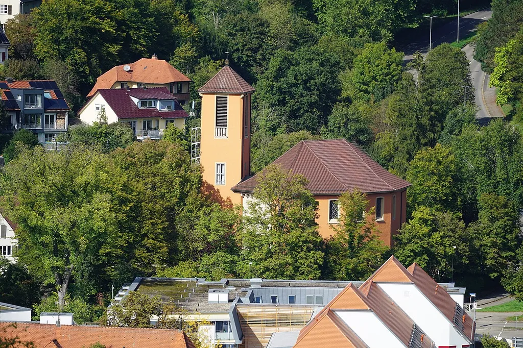 Aussichten von der Österbergwiese Tübingen. Evangelische Martinskirche, Frischlinstraße Tübingen.
