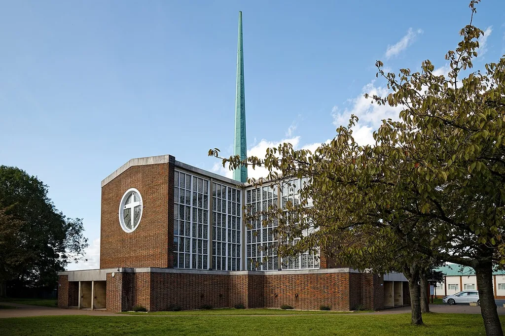 Our Lady of Fatima Roman Catholic Church in Harlow, Essex, England.Wikimedia (2023) makes it difficult to view photos related to this image, so to see its most relevant allied group, click on Our Lady of Fatima, Harlow, this uploader's Church photos, or the helpful categories at the bottom of this page for a variety of images relevant to this one.This image is one of a series of date and/or subject allied consecutive photographs kept in progression or location by file name, number and/or time marking.Camera: Canon EOS 6D Mark IISoftware: file lens-corrected and optimized with DxO PhotoLab 6 Elite.