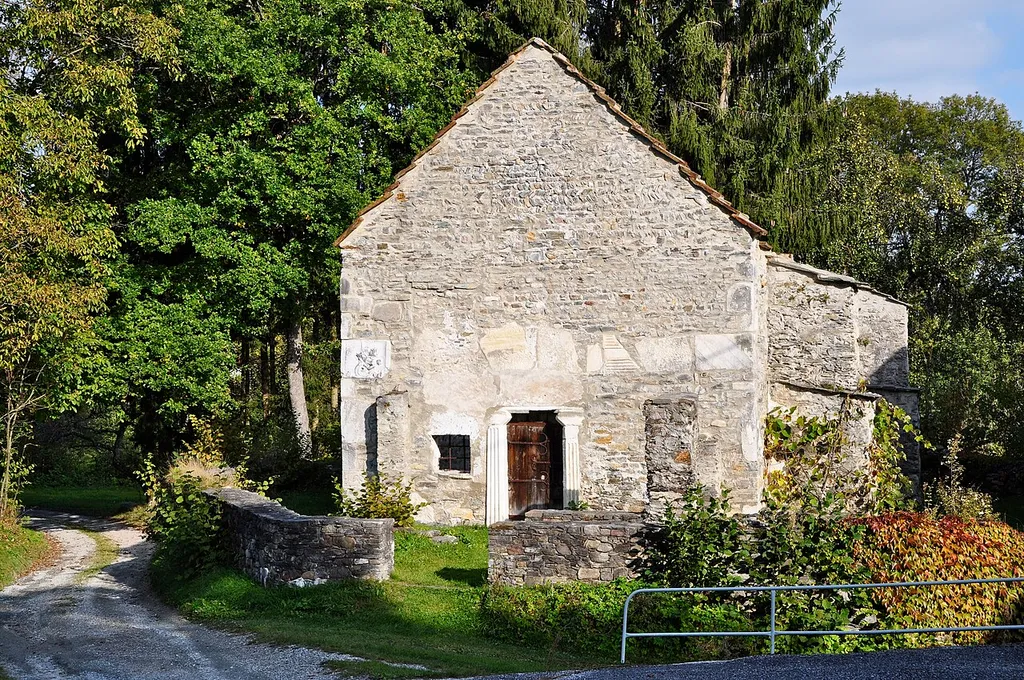 Church ruin Holy Stephen at Sankt Stefan, municipality Feldkirchen, district Feldkirchen, Carinthia, Austria with some herring-bone masonry in the higher part of the front wall