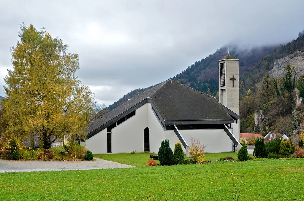 Parish church Sacred Heart of Jesus on Kirchplatz #1, municipality Eberstein (Kärnten), district Saint Veit on the Glan, Carinthia / Austria / EU