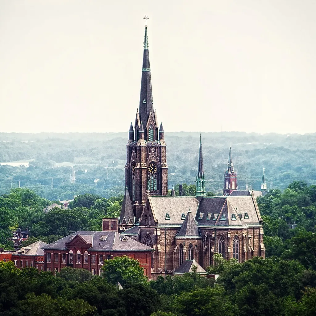 Saint Francis de Sales Church as seen from the Compton Water Tower in South Saint Louis. The church's spire reaches 300 feet.