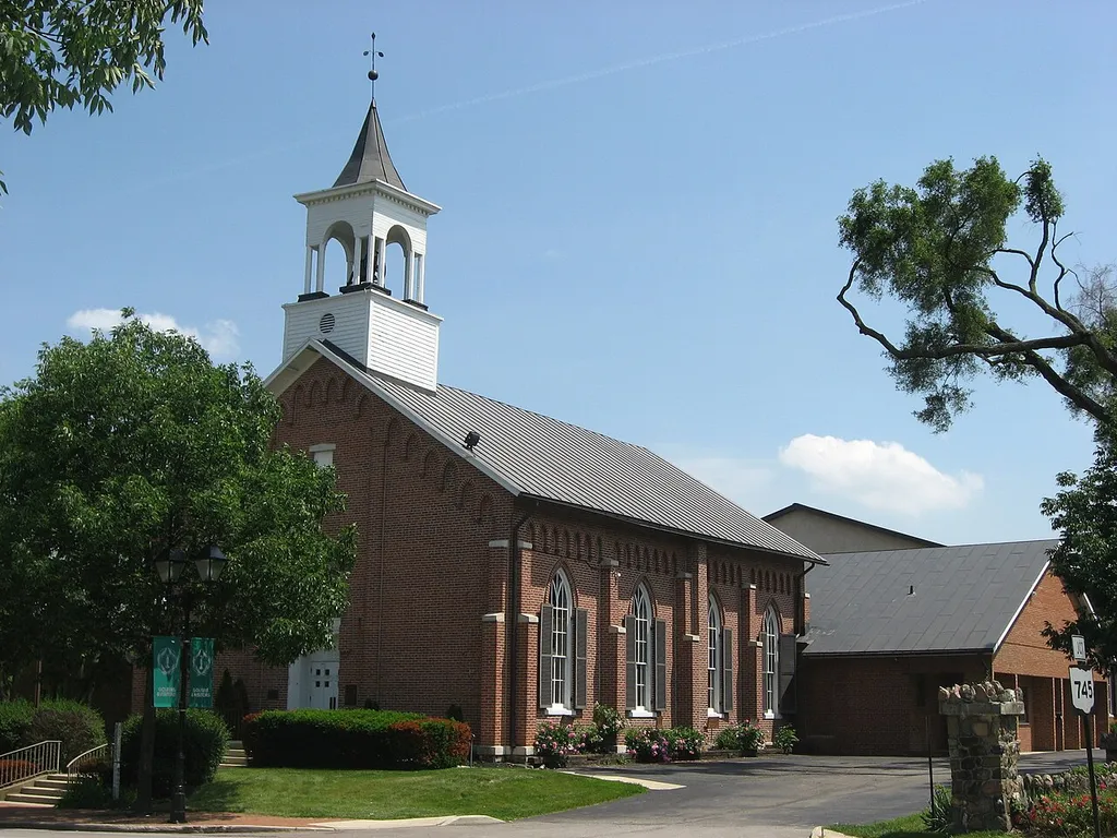 Front of the Dublin Christian Church, located at 81 W. Bridge Street (U.S. Route 33/State Route 161) in Dublin, Ohio, United States. Built in 1845, it is listed on the National Register of Historic Places.