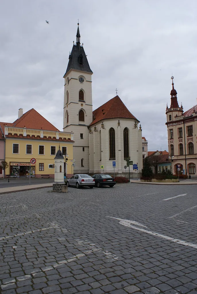 Vodňany, a town in Strakonice district, Czech Republic, the the Virgin Mary Nativity church on the square.