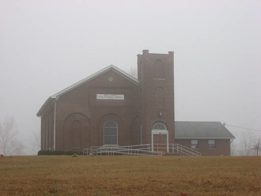 Front of the Brick Chapel United Methodist Church, located at 3547 N. U.S. Route 231 north of Greencastle in Putnam County, Indiana, United States. Built in 1872, it is listed on the National Register of Historic Places.