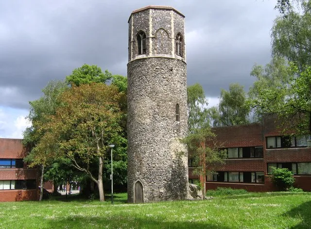 St. Benedicts Church Tower, Norwich. The area suffered heavy bombing in January 1942 and the church building was severely damaged. Only the tower remains standing in the Pottergate housing development in Ten Bell Court : http://www.norfolkchurches.co.uk/norwichbenedict/norwichbenedict.htm