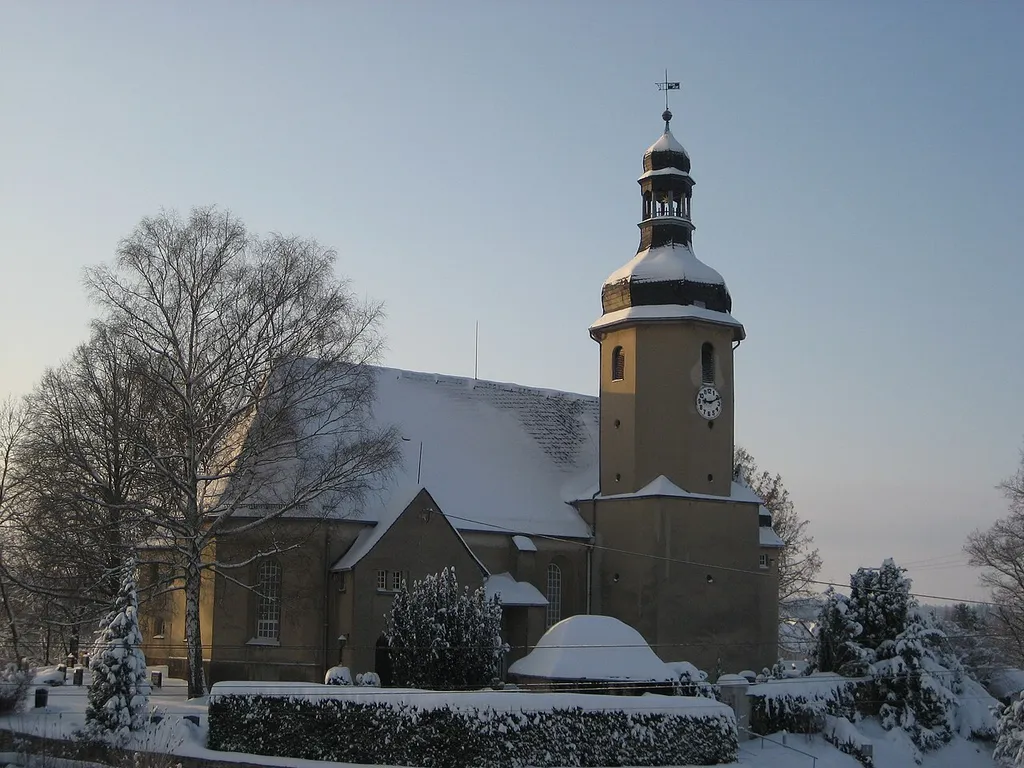 Winter view to the St.-Martins-Church in Schönfels