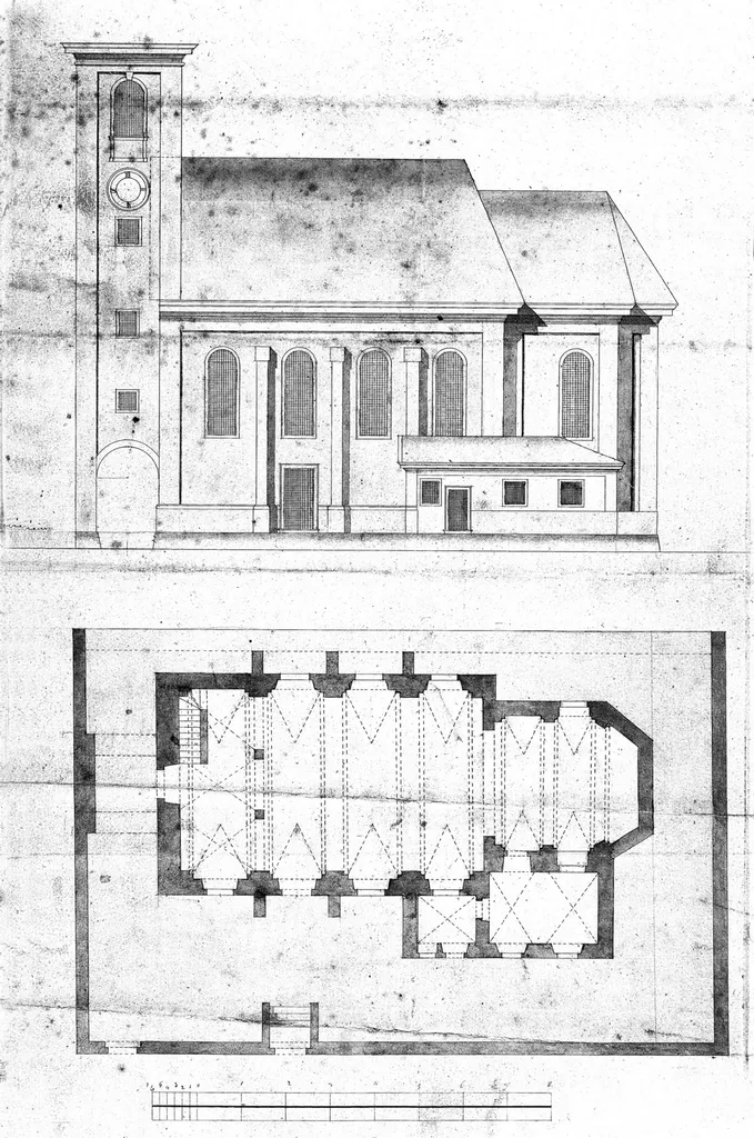 Ansicht (Südseite) und Grundriss der ehemaligen Nikolauskirche in Urfahr (auch Nikolaikirche). Die Kirche wurde 1789 profaniert und zuerst als Getreideschüttkasten und ab 1824 als Wohnhaus genutzt. Das Gebäude wurde 1975 für den Bau des Neuen Linzer Rathauses abgerissen.
