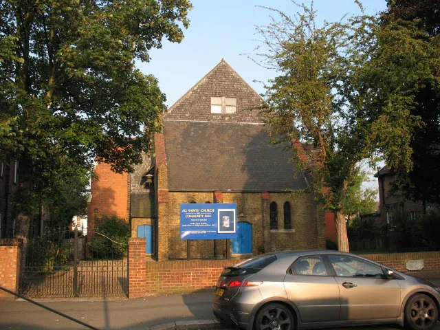 All Saints' parish church, Trewsbury Road, Sydenham, London SE26, seen from the west. Designed by George Fellowes Prynne and built in 1901–03, replacing an earlier church on a nearby site called Christ Church. The planned west end was not built, and a "temporary" narthex remains.