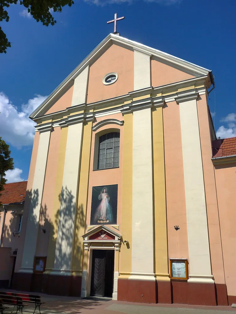 Łomża, Poland – fronton of the Baroque Capuchin church, from the second half of the 18th century (photograph taken in 2010, retouched in 2026)