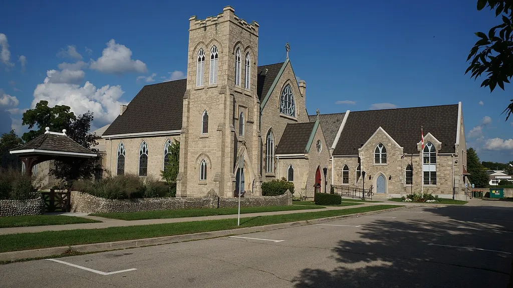Exterior of Trinity Anglican Church in Cambridge, Ontario.