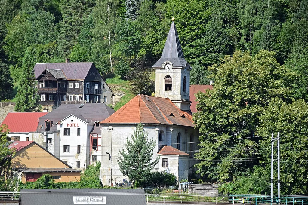 View from the guest house U Přívozu in Hřensko, the Czech Republic, to the Holy Trinity Church in Dolní Žleb.