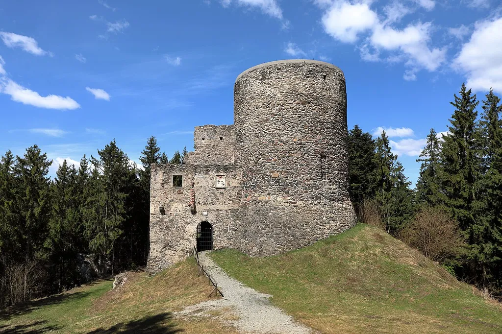 South view of the Ziegersberg castle ruins in Zöbern, Lower Austria.