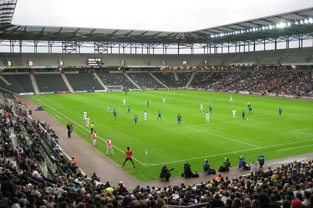 Stadium:MK during the game between England U21 and Azerbaijan U21s, in a warm-up game for the European Under 21 Championship. Taken from the South Stand, or Cowshed as referred to by Milton Keynes fans.