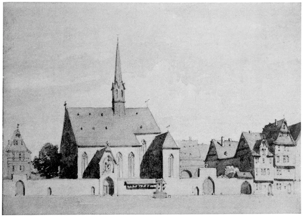 64a. St. Anthony Church and Monastery at the Töngesgasse (Tönges derived from Antonius (Anthony)), in place of the present houses No. 14 and 16, depicted according to the city map by Merian of the 17th century at a larger scale. The Monastery was secularised in 1802 and demolished in 1803. (s. the city map by Merian, Horne, Geschichte von Frankfurt, page 95 and Baudenkmäler in Frankfurt a. M., second issue, page 359.)