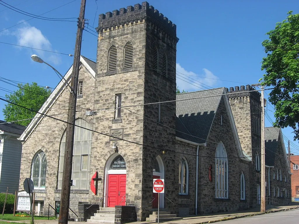 Front and northern side of Central Methodist Church, located at 1227 Sixth Avenue in Beaver Falls, Pennsylvania, United States. Built in 1904, it was founded as a congregation of the Methodist Protestant Church.