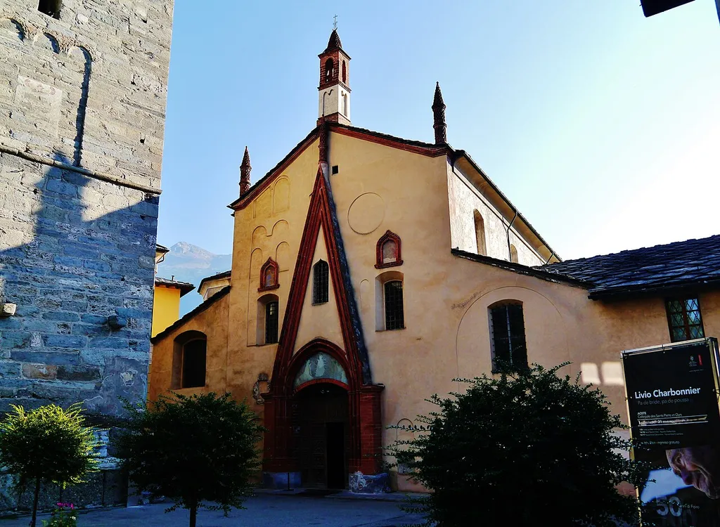 Facade of the Collegiate Church of St. Ursus, Aosta, Province of Aosta, Region of Aosta Valley, Italy