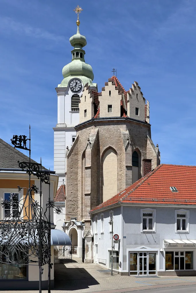 Southeast view of the parish church in Neunkirchen, Lower Austria.