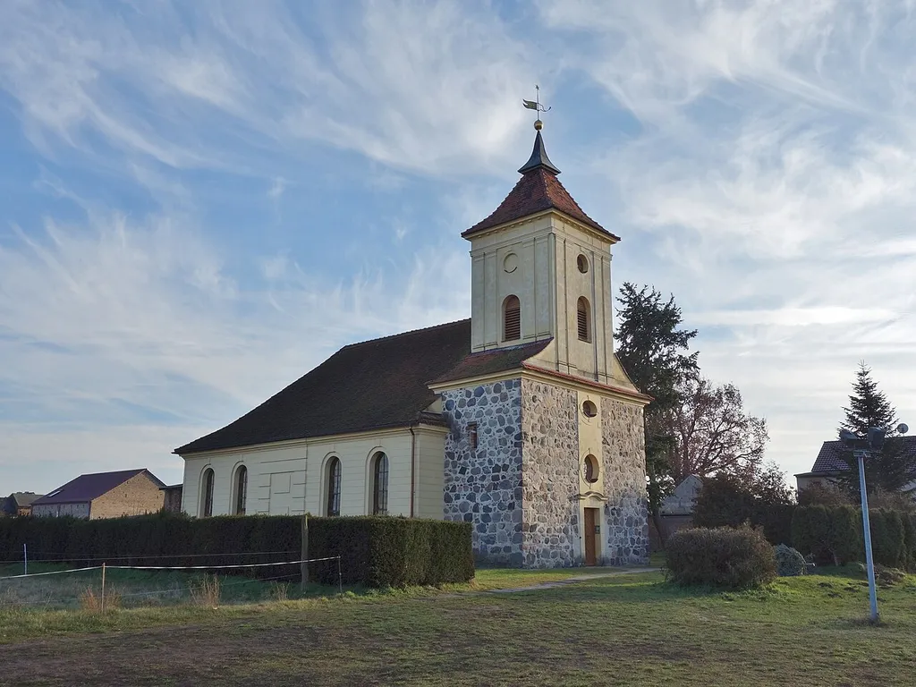 North-western view of the church in Damsdorf , Kloster Lehnin municipality , Potsdam-Mittelmark district, Brandenburg state, Germany.