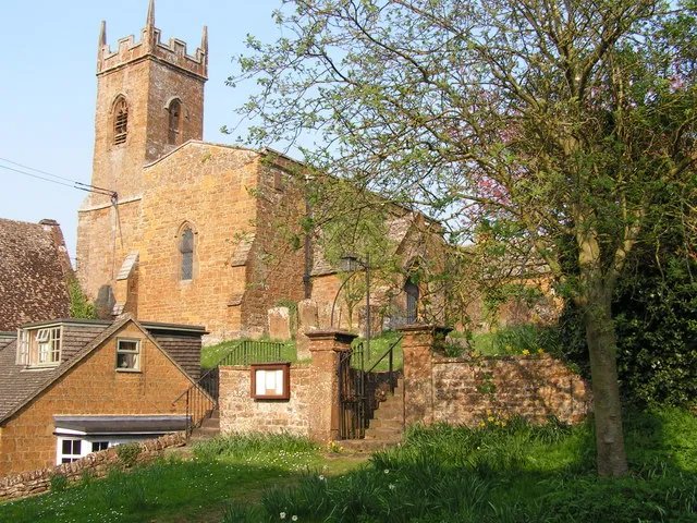 Church of England parish church of St Martin, Shutford, Oxfordshire: view from Church Lane with part of the George &amp; Dragon public house just visible bottom left
