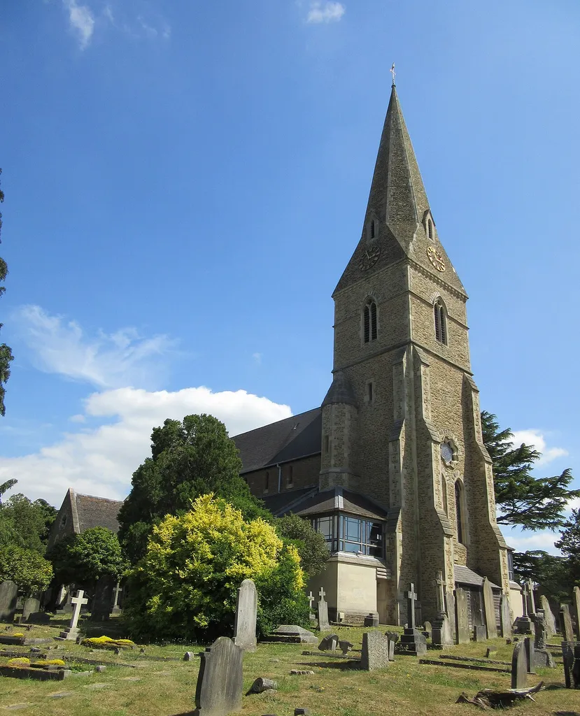 Christ Church, Church Street, Esher, Borough of Elmbridge, Surrey, England. The Anglican parish church of Esher, built in 1853–54 to the design of Benjamin Ferrey to replace the older St George's Church.