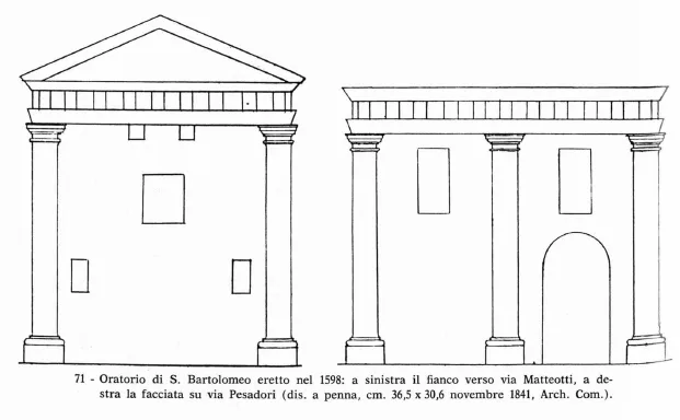 Elevations of the demolished church of San Bartolomeo, pen drawing dated November 1841, preserved in the municipal archive of Crema (Italy)