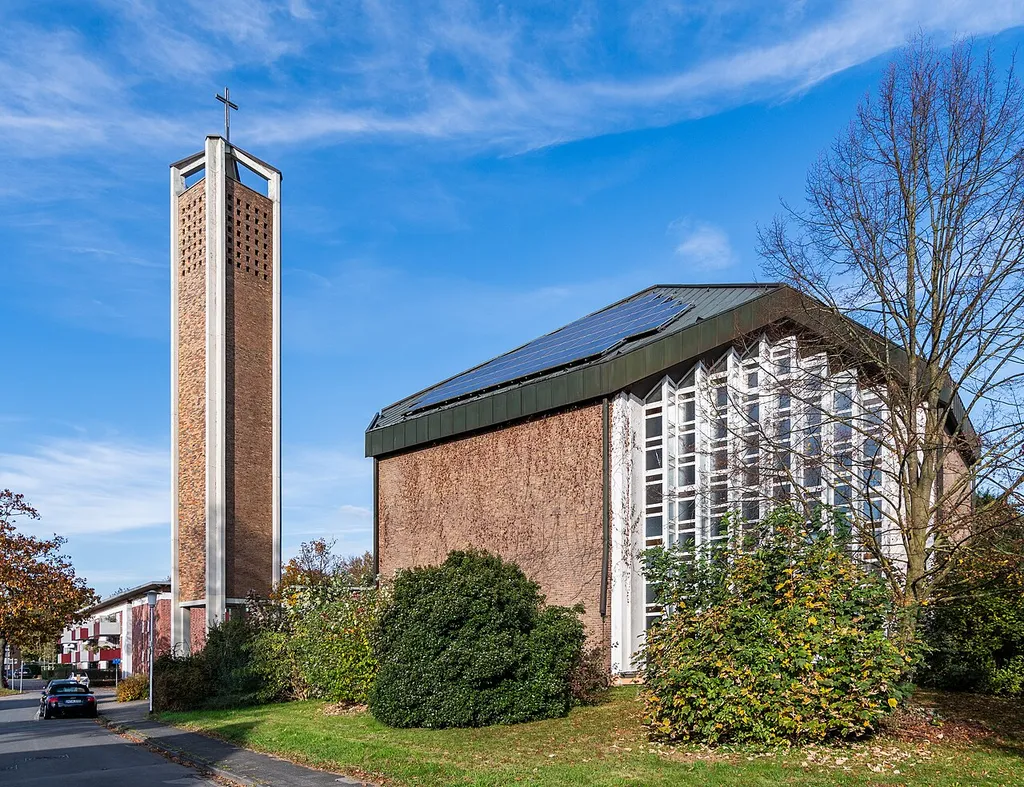 Protestant Church of the Holy Cross in the Geisbruch district in Kamp-Lintfort, North Rhine-Westphalia, Germany.