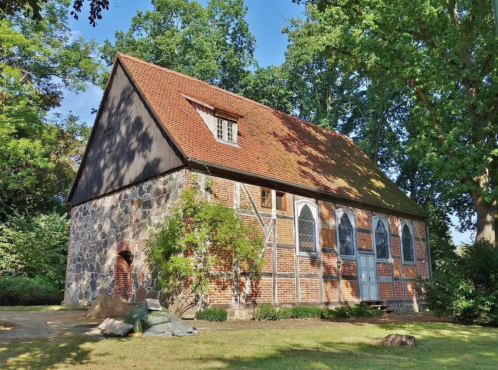 South-western view of church in Halenbeck, Halenbeck-Rohlsdorf municipality, Prignitz district, Brandenburg state, Germany
