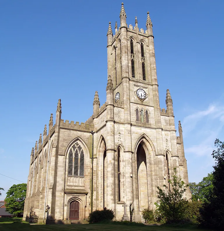 All Saints' parish church, Church Lane, Whitefield, Greater Manchester, England, seen from the southwest