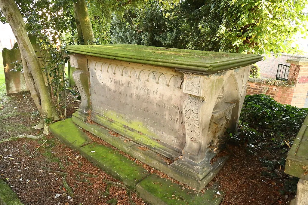 Tombchest of William Sandbach and others, 5m south-east of remains of the sundial in churchyard of St Andrew's church, Tarvin. Tombchest: dated 1829. Ashlar buff sandstone. Mixture of Gothick and Late Classical detailing. Moulded plinth. Long sides end in bold consoles with acanthus leaves to the front. Gothick blind arcading along the top of the inscribed panels. To the north it records, William Sandbach of Burton, formerly of Granada in the West Indies, in ornate Gothick script except for the date in Roman numerals. Short side has bold urns with swags of drapery in pointed arched niches. .mw-parser-output .messagebox{margin:4px 0;width:auto;border-collapse:collapse;border:2px solid var(--border-color-progressive,#6485d1);background-color:var(--background-color-neutral-subtle,#fbfcff);color:var(--color-base,#202122);box-sizing:border-box;border-inline-start-width:8px}.mw-parser-output .messagebox.mbox-small{font-size:88%;line-height:1.25em}.mw-parser-output .mbox-warning,.mw-parser-output .mbox-speedy{border:2px solid var(--border-color-error,#b22222);background:var(--background-color-error-subtle,#ffdbdb);border-inline-start-width:8px}.mw-parser-output .mbox-serious,.mw-parser-output .mbox-delete,.mw-parser-output .mbox-stop{border:2px solid var(--border-color-error,#b22222);border-inline-start-width:8px}.mw-parser-output .mbox-issue,.mw-parser-output .mbox-content{border:2px solid #f28500;background:var(--background-color-warning-subtle,#ffe);border-inline-start-width:8px}.mw-parser-output .mbox-query,.mw-parser-output .mbox-style{border:2px solid #f4c430;background:var(--background-color-warning-subtle,#ffe);border-inline-start-width:8px}.mw-parser-output .mbox-shit{border:2px solid #960;border-inline-start-width:8px}.mw-parser-output .mbox-license{border:2px solid #88a;border-inline-start-width:initial}.mw-parser-output .mbox-legal{border:2px solid var(--border-color-notice,#666);background:var(--background-color-base,#fff);border-inline-start-width:8px}.mw-par