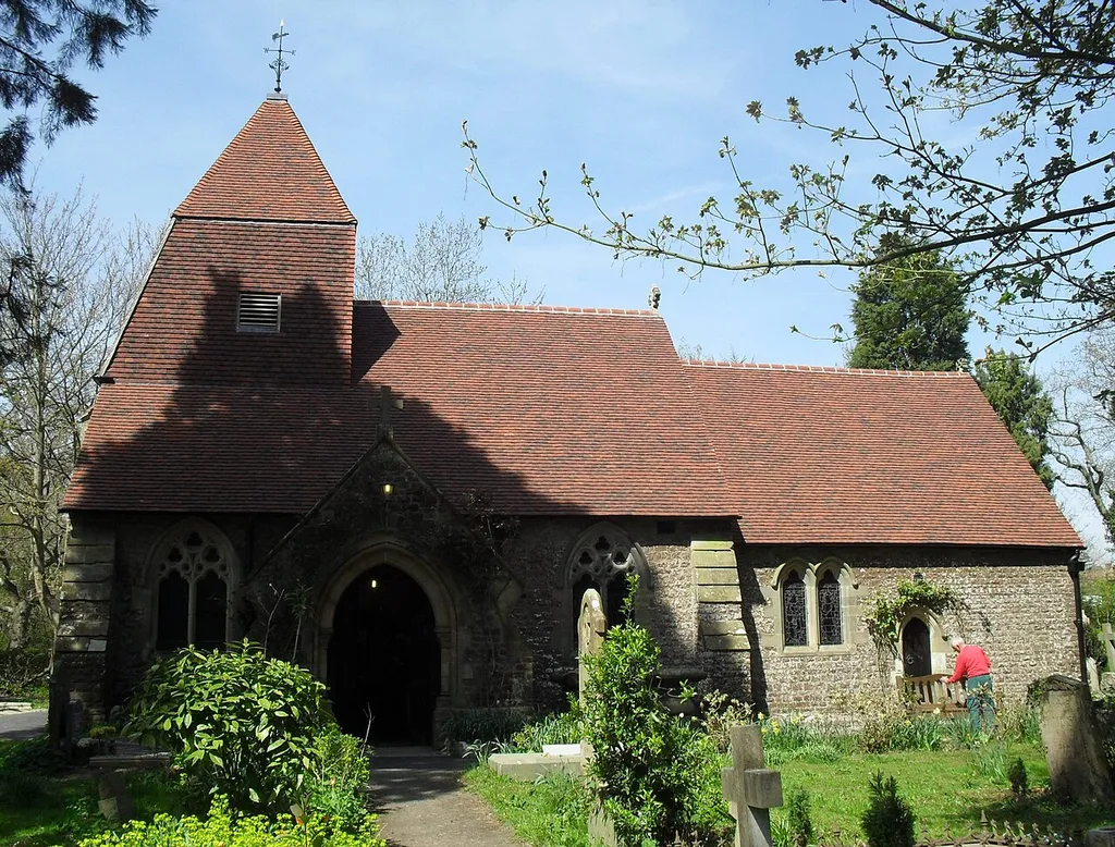 South face of St Leonard's Church (Church-in-the-Wood), Church in the Wood Lane, Hollington, Hastings, East Sussex, England. This is a restored 13th-century Anglican church in the middle of a wood and nature reserve in the Hollington area of Hastings. Listed at Grade II by English Heritage (Heritage Gateway Code 293741)