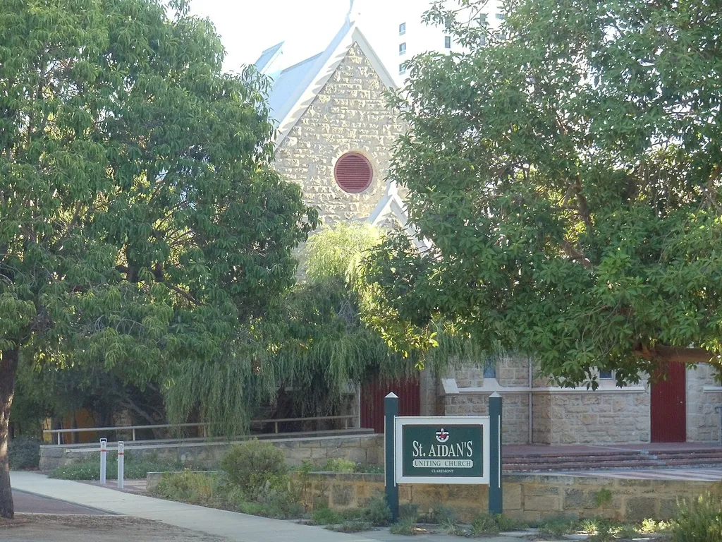 View of St Aidan's Uniting Church on the corner of Princess Road and Chester Road in Claremont, Western Australia.