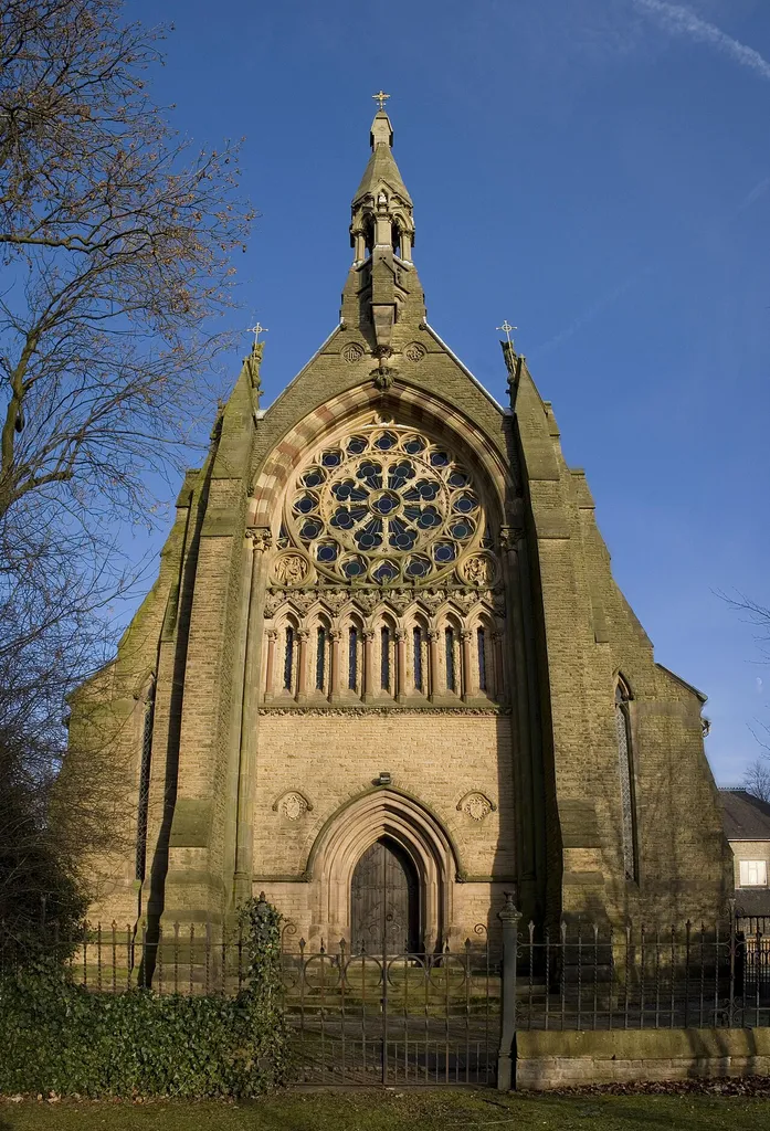 West front of the Roman Catholic church of All Saints, Trafford, Greater Manchester