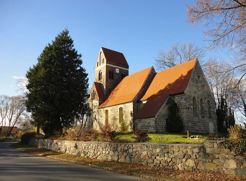South-eastern view of the church in Klobbicke , Breydin municipality , Barnim district, Brandenburg state, Germany.