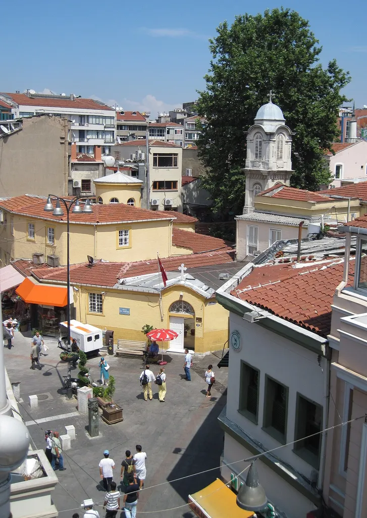 A view of the small church of St Euphemia in the çarşı (market centre) of Kadıköy, Istanbul. The church serves as the cathedral of the Diocese of Chalcedon.