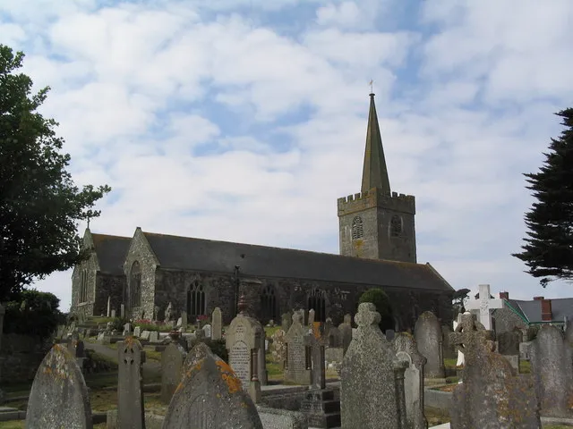 Church of St Akeveranus, St Keverne. One of the largest parish churches in Cornwall - the two aisles equalling the central nave - and voted the best church to visit in England. The impressive graveyard partly reflects proximity to a coastline on which many ships have foundered.