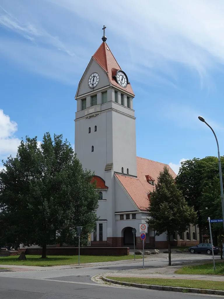 Western view of church in Garden-city Marga, Brieske village, Senftenberg municipality, Oberspreewald-Lausitz district, Brandenburg state, Germany.