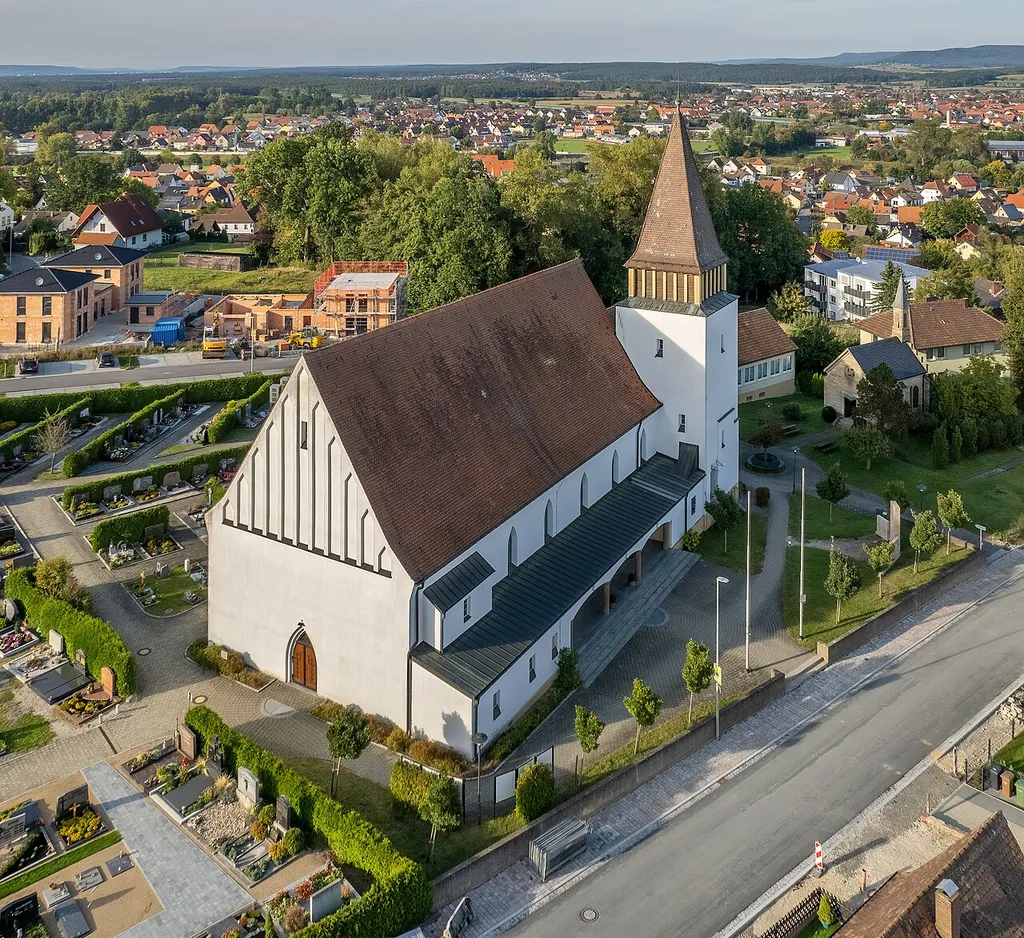 Aerial view of the church St. Mauritius in Sassanfahrt in the district of Bamberg