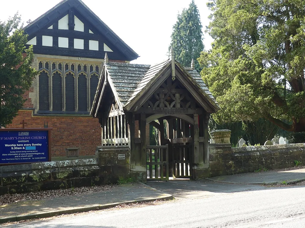 Grade II listed lychgate to St Mary's Church, Whitegate, Cheshire. Listed as "Lych-Gate in Churchyard of St Mary". .mw-parser-output .messagebox{margin:4px 0;width:auto;border-collapse:collapse;border:2px solid var(--border-color-progressive,#6485d1);background-color:var(--background-color-neutral-subtle,#fbfcff);color:var(--color-base,#202122);box-sizing:border-box;border-inline-start-width:8px}.mw-parser-output .messagebox.mbox-small{font-size:88%;line-height:1.25em}.mw-parser-output .mbox-warning,.mw-parser-output .mbox-speedy{border:2px solid var(--border-color-error,#b22222);background:var(--background-color-error-subtle,#ffdbdb);border-inline-start-width:8px}.mw-parser-output .mbox-serious,.mw-parser-output .mbox-delete,.mw-parser-output .mbox-stop{border:2px solid var(--border-color-error,#b22222);border-inline-start-width:8px}.mw-parser-output .mbox-issue,.mw-parser-output .mbox-content{border:2px solid #f28500;background:var(--background-color-warning-subtle,#ffe);border-inline-start-width:8px}.mw-parser-output .mbox-query,.mw-parser-output .mbox-style{border:2px solid #f4c430;background:var(--background-color-warning-subtle,#ffe);border-inline-start-width:8px}.mw-parser-output .mbox-shit{border:2px solid #960;border-inline-start-width:8px}.mw-parser-output .mbox-license{border:2px solid #88a;border-inline-start-width:initial}.mw-parser-output .mbox-legal{border:2px solid var(--border-color-notice,#666);background:var(--background-color-base,#fff);border-inline-start-width:8px}.mw-parser-output .mbox-honor{border:2px solid #ca3;background:var(--background-color-warning-subtle,#fcf4db);border-inline-start-width:8px}.mw-parser-output .mbox-growth{border:2px solid #8d4;background:var(--background-color-success-subtle,#d5fdf4);border-inline-start-width:8px}.mw-parser-output .mbox-move{border:2px solid #93c;border-inline-start-width:8px}.mw-parser-output .mbox-protection,.mw-parser-output .mbox-message{border:2px solid var(--border-color-base,#aaa);border-inline